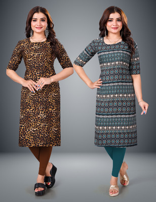 MOBHISA Women Printed Straight Kurta(Light Blue)