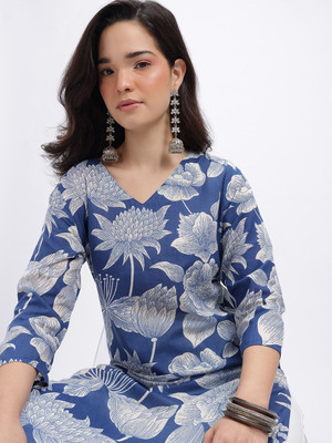 Anouk Rustic Women Floral Print Straight Kurta(Blue, White)