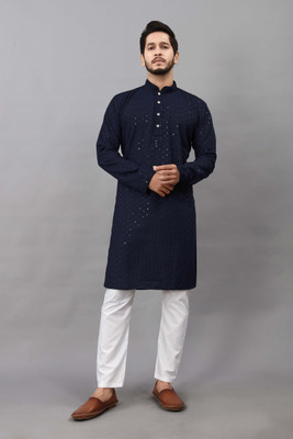 ALMORA Men Embroidered A-line Kurta(Blue)