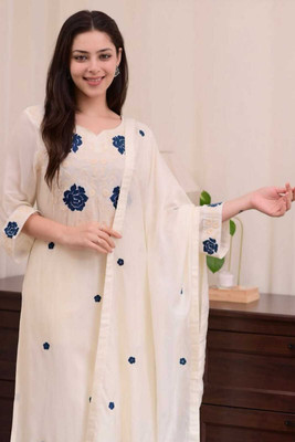 Vraj Jari Women Embroidered, Embellished A-line Kurta(White)