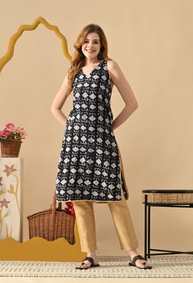 Deepyog Women Printed, Geometric Print Straight Kurta(Black, Beige)