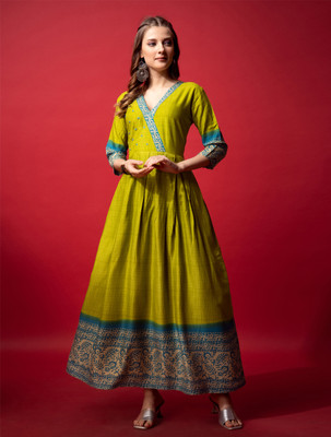 PITRIS Women Printed Anarkali Kurta(Green)