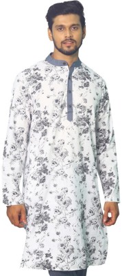 House of Aqss Men Printed Straight Kurta(Grey, White)