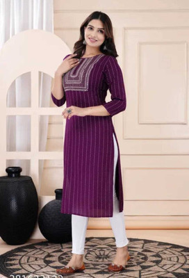 Mishti Fashion Women Striped Straight Kurta(Purple)