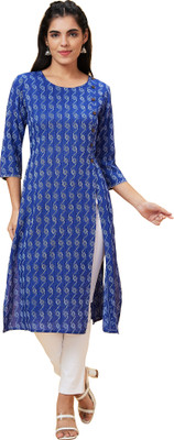 Globus Women Printed Straight Kurta(Blue, White)