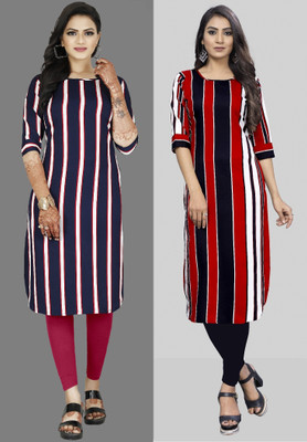 Hiral Creation Women Striped, Printed A-line Kurta(Red, Purple)