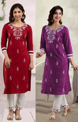 vikshi Women Chikan Embroidery Straight Kurta(Multicolor)