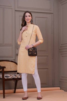 Oh Mi Dios Women Striped Straight Kurta(Yellow)