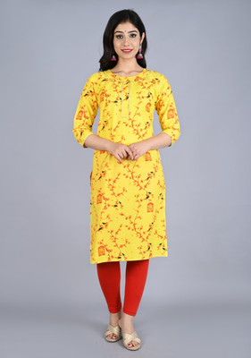 Lihimisu Women Printed Straight Kurta(Yellow)