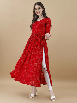 TextileNow Women Bandhani Flared Kurta(Red)