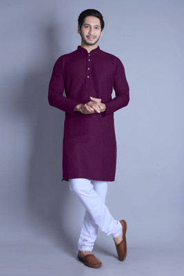ALMORA Men Self Design A-line Kurta(Purple)