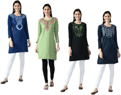 Indeweaves Women Self Design Straight Kurta(Dark Blue, Green, Grey)