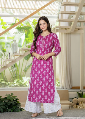 EverDress Women Printed Straight Kurta(Pink)