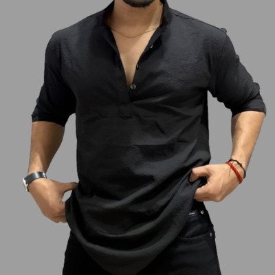 feshopee Men Self Design Straight Kurta(Black)
