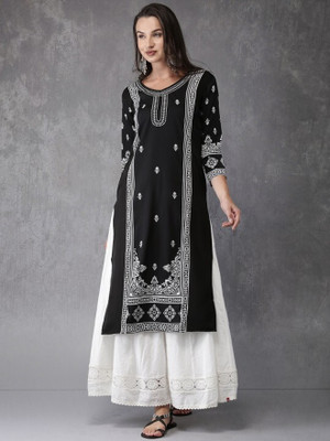 ANOUK Women Printed Straight Kurta(Black)