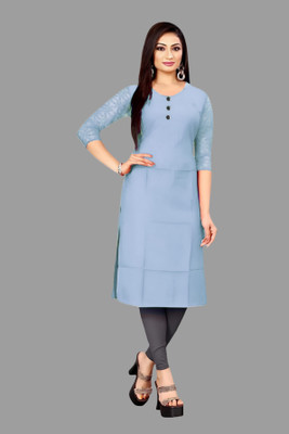 HOFC Women Solid Straight Kurta(Blue)