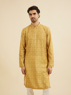 MANYAVAR Men Printed Straight Kurta(Yellow)