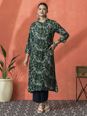 Sangria Women Printed A-line Kurta(Green)