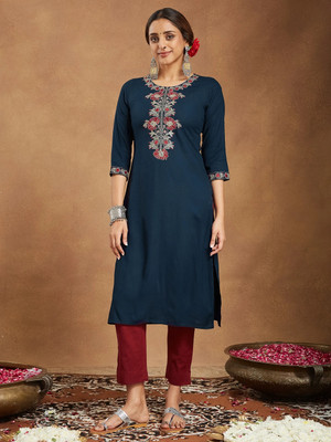 Janasya Women Embroidered Straight Kurta(Blue)