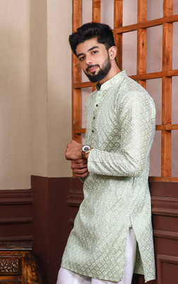 Koshin Men Embroidered Straight Kurta(Light Green)