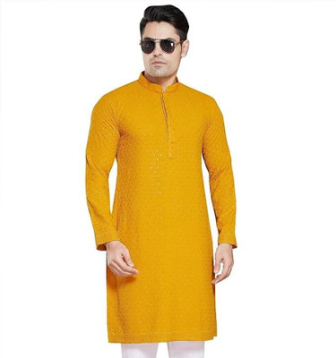 Metro Traders Men Solid Straight Kurta(Yellow)
