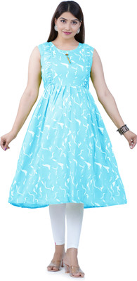 BIMATEX Women Geometric Print A-line Kurta(Light Blue, White)