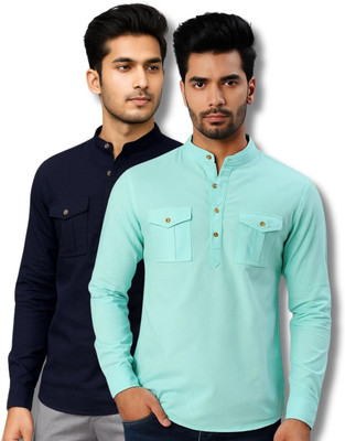 ModeNex Men Solid Straight Kurta(Dark Blue, Light Blue)
