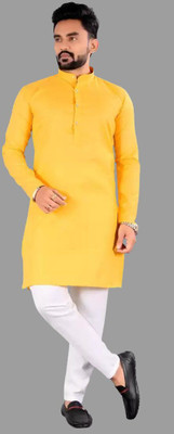 StoneHeart Men Solid Straight Kurta(Yellow)