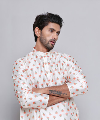 Jompers Men Printed Straight Kurta(White)