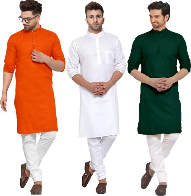 LOOKMARK Men Solid Straight Kurta(Orange, White, Green)