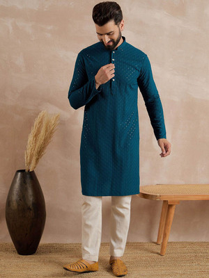 ANOUK Men Geometric Print Straight Kurta(Blue)