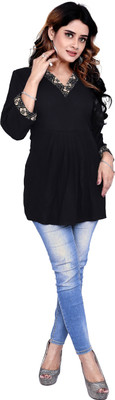 AngelFly Women Printed A-line Kurta(Black)