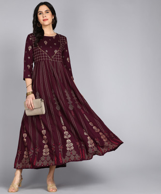 ftDiva Women Printed Anarkali Kurta(Maroon, Gold)