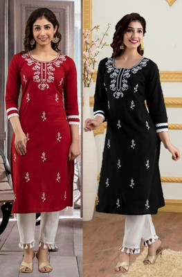 vikshi Women Chikan Embroidery Straight Kurta(Multicolor)
