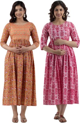 KRISHNA VASTRAM Women Floral Print Anarkali Kurta(Orange, Pink)