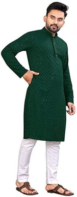 HouseOfCommon Men Embellished Straight Kurta(Dark Green)