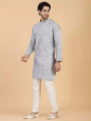 shreeram Men Embellished Straight Kurta(Grey)