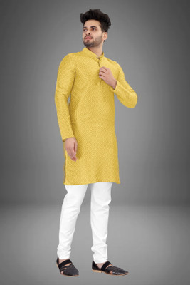 ZEDIN Men Checkered Straight Kurta(Yellow)