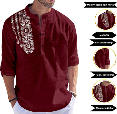 Fashion Marts Men Printed Straight Kurta(Maroon)