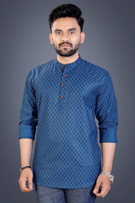 NF CREATION Men Printed Straight Kurta(Dark Blue)