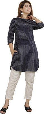 Sudhi Women Striped A-line Kurta(Dark Blue)
