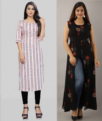 Hiral Creation Women Striped Straight Kurta(White)
