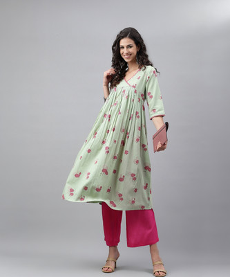 Janasya Women Floral Print Flared Kurta(Green)