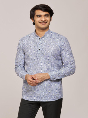 fashiontrend Men Printed Straight Kurta(White, Blue)