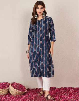 Skylee Women Floral Print, Embellished Straight Kurta(Blue, Multicolor)