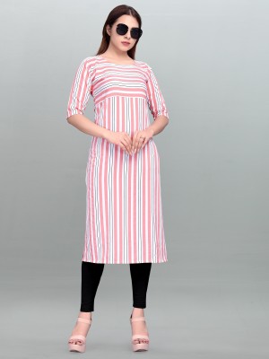 maruti fab Women Striped Straight Kurta(White, Pink)