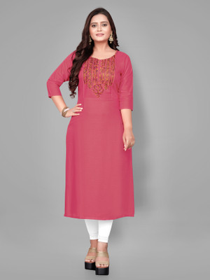 RIAANA Women Embroidered A-line Kurta(Pink)