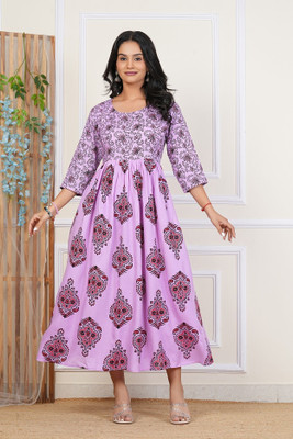 Priyshi Designing Women Printed Flared Kurta(Purple)