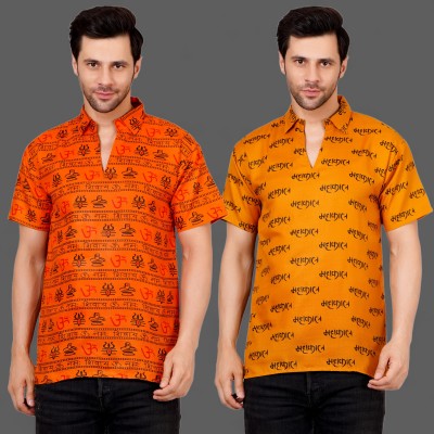 FUKUSO Men Printed Straight Kurta(Orange, Yellow)