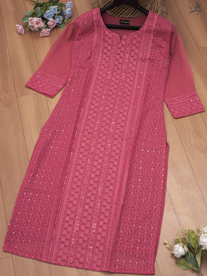 Felopie Women Chikan Embroidery A-line Kurta(Pink)